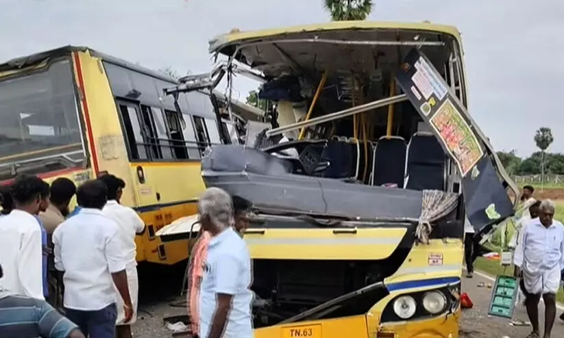 തമിഴ്നാട്ടിൽ ബസുകൾ നേർക്കുനേർ കൂട്ടിയിടിച്ച് 12 പേർക്ക് ദാരുണാന്ത്യം; നിരവധി പേർക്ക് പരിക്ക്