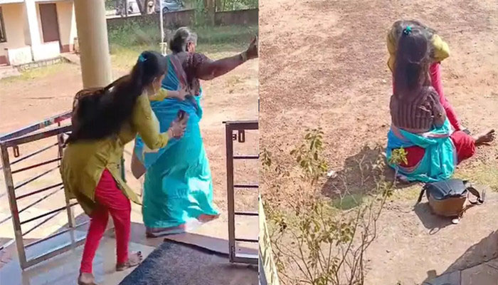 കർണാടകയിലെ ശിവനഗരയിൽ പഞ്ചായത്ത് ഓഫിസിന് മുന്നിലിട്ട് അമ്മയെ മർദ്ദിച്ച് മകൾ; രണ്ടുപേരും പോലീസ് കസ്റ്റഡിയിൽ