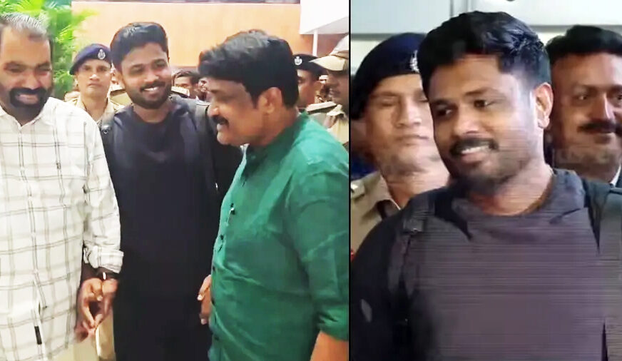 സ​ഞ്ജു ത​ല​സ്ഥാ​ന​ത്തെ​ത്തി; സ​ഞ്ജു​വി​ന് വി.​ശി​വ​ൻ​കു​ട്ടി​യു​ടെ നേ​തൃ​ത്വ​ത്തി​ൽ ഊ​ഷ്മ​ള സ്വീ​ക​ര​ണം